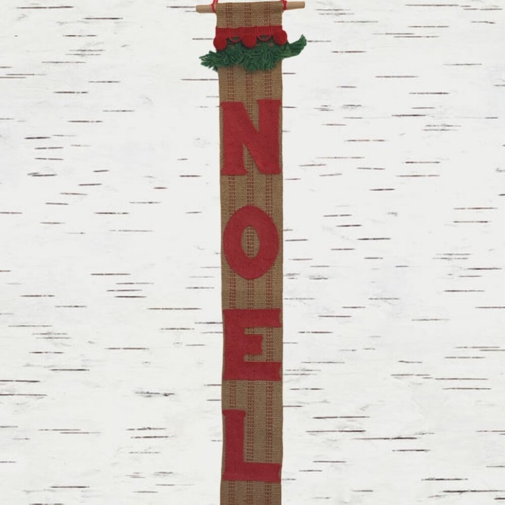 1970s HANDMADE Tan Burlap & Red Felt Noel Banner Green Trim Pom Poms & Tassels